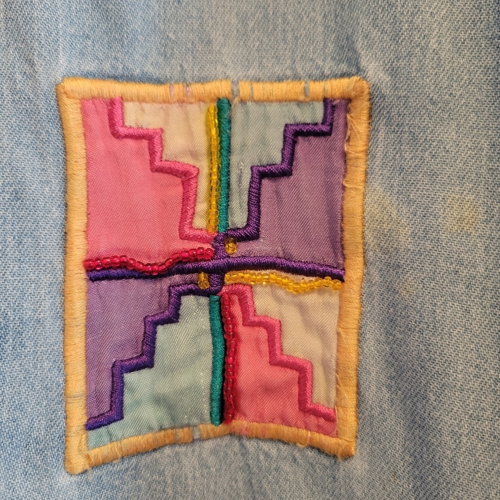 Vintage 90s Patchwork Denim Shirt Large Beaded Boho Art Teacher Chic - Picture 6 of 12